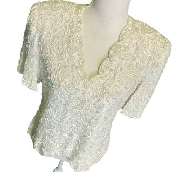 Laurence Kazar Vintage Ivory Pearl Beaded Scalloped Trim Short Sleeve Blouse MP - Picture 11 of 16